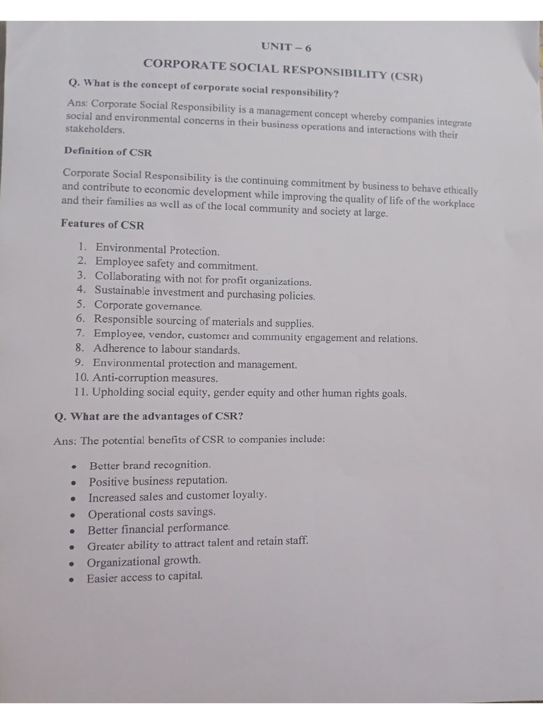 Unit-6 Corporate Social Responsibility (CSR) For Studuents | PDF