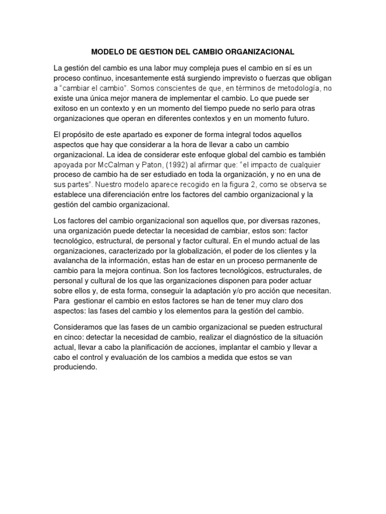 Modelo de Gestión del Cambio Organizacional | PDF | Gestión del cambio ...