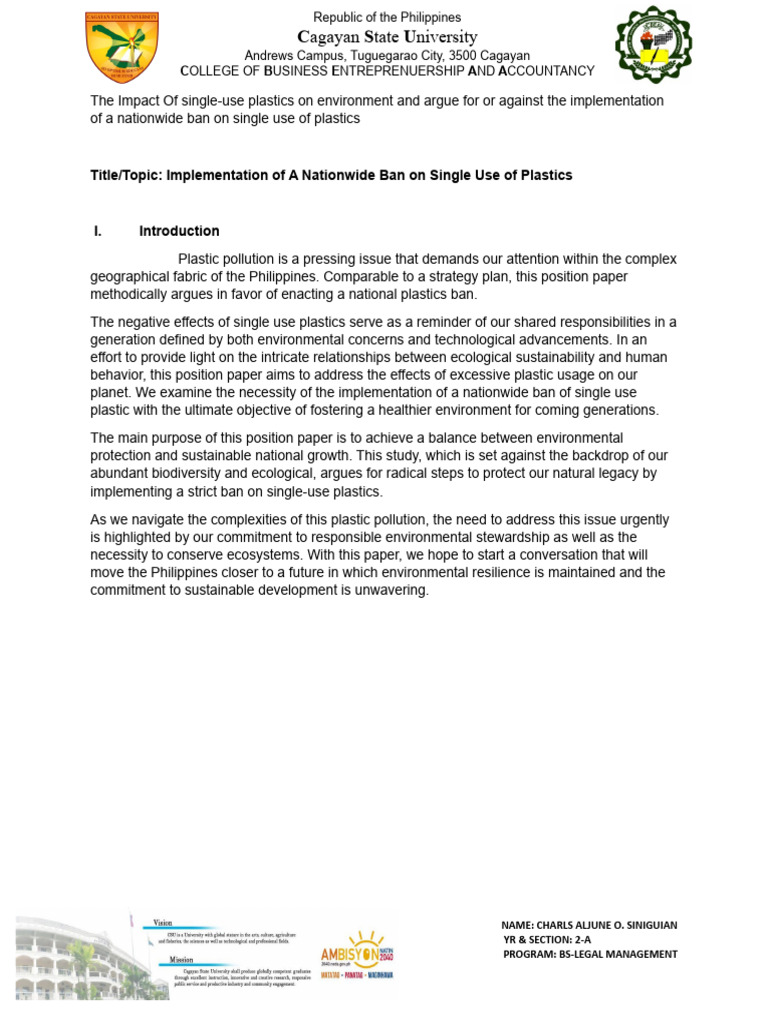 Nationwide Ban on Single-Use Plastics | PDF | Sustainability | Pollution
