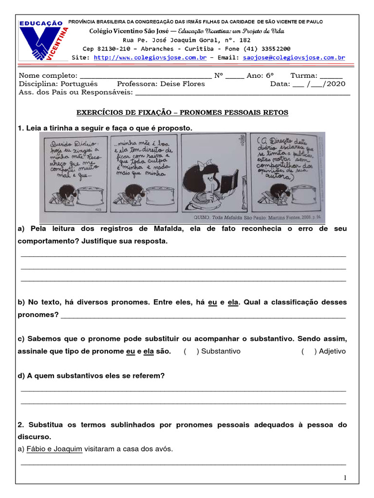 Exercícios sobre Pronomes Pessoais 6º Ano | PDF | Pronome | Voo