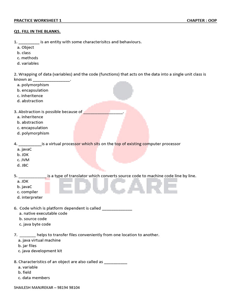 Practice Worksheet 1 | Download Free PDF | Class (Computer Programming ...