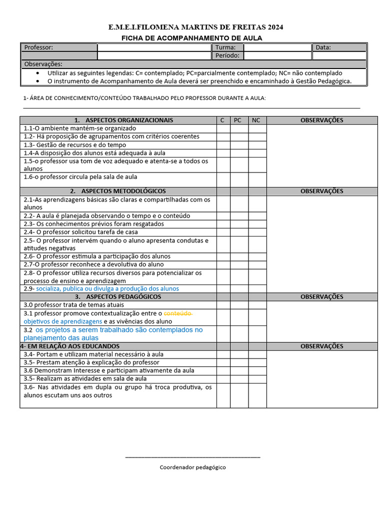 Ficha de Acompanhamento de Aula 2024 | PDF | Pedagogia | Aprendizado