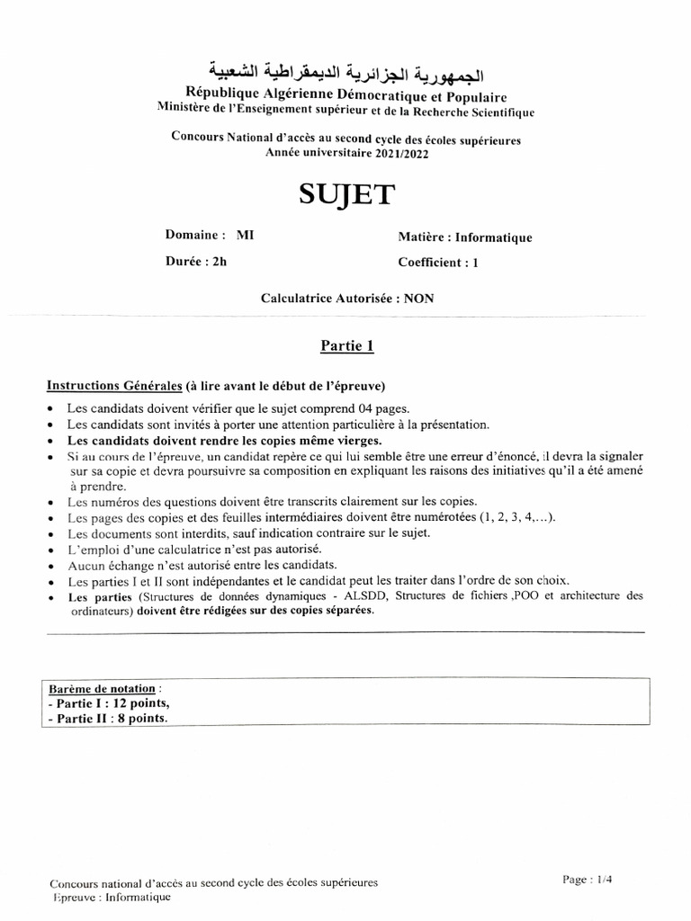 Sujet du Concours Informatique 2021/2022 | PDF | Entrée/Sortie ...