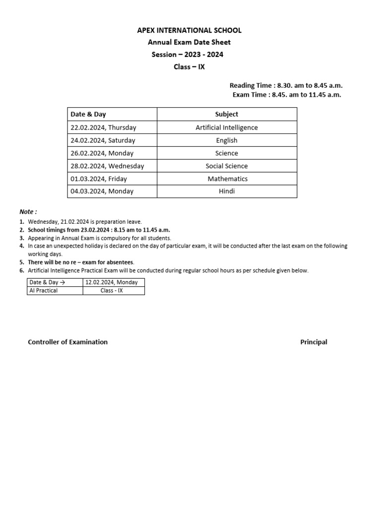 APEX School Class IX Exam Schedule 2024 | PDF