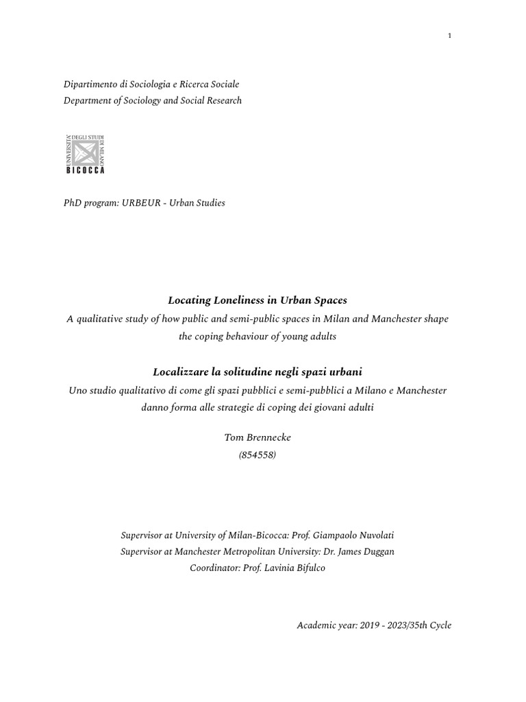 PHD Unimib 854558 Download Free PDF Loneliness Experience