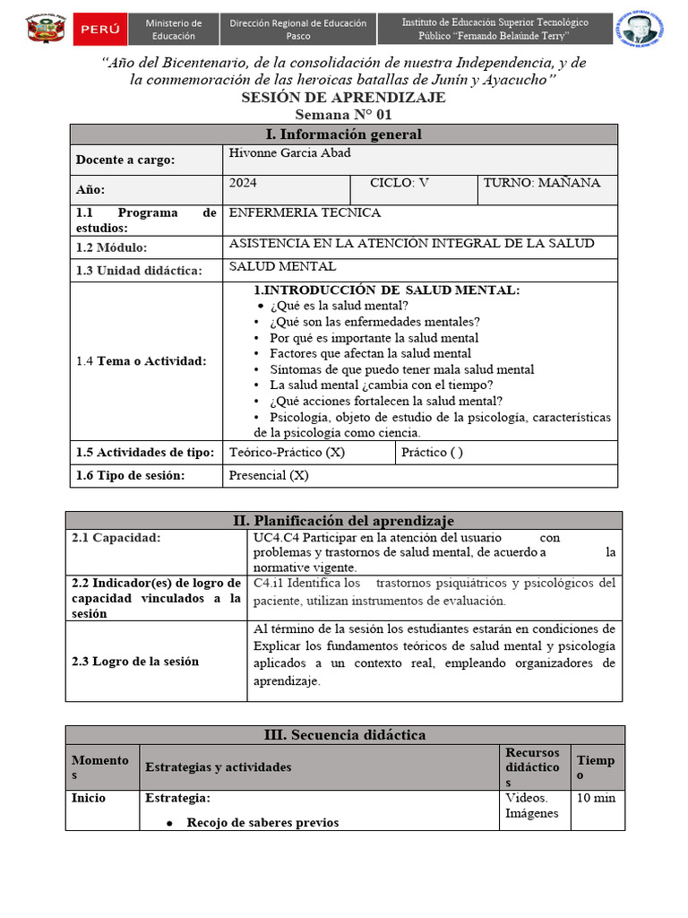 Sesión de Aprendizaje N°1 Salud Mental | PDF | Salud mental | Mente