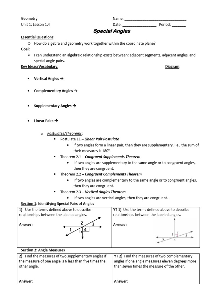 Geometry - Unit 1 - Lesson 1.4 - Special Angles - NEW | PDF | Angle