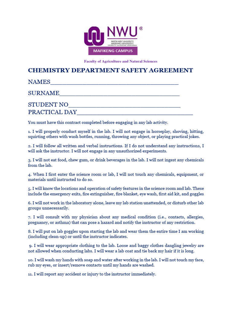 Chemistry Lab Safety Agreement | PDF | Laboratories