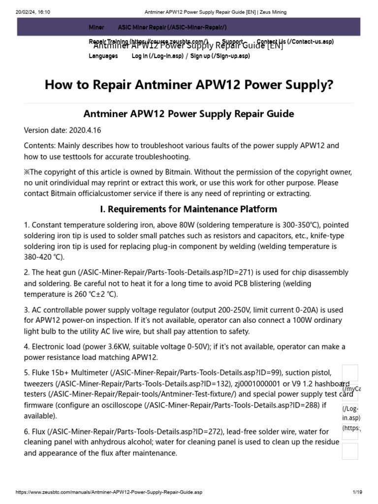 Antminer APW12 Power Supply Repair Guide (En) Zeus Mining Download Free PDF Power Supply