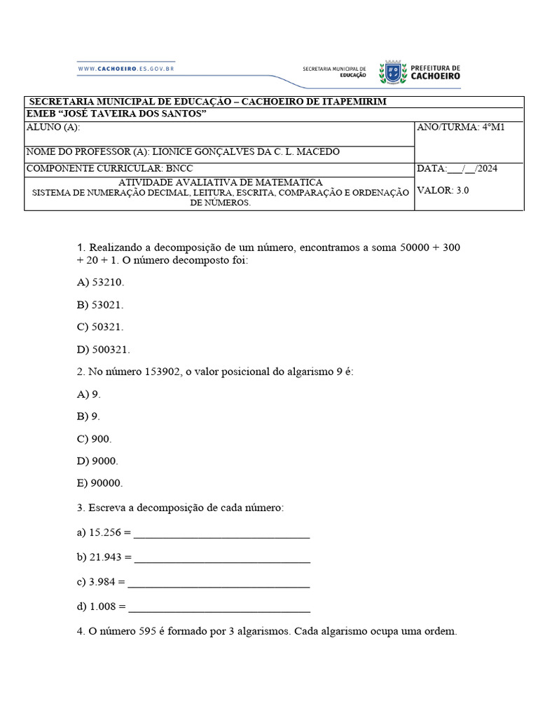 Atividade Avaliativa de Matemática 4°M1 | PDF | Carreira e Crescimento ...