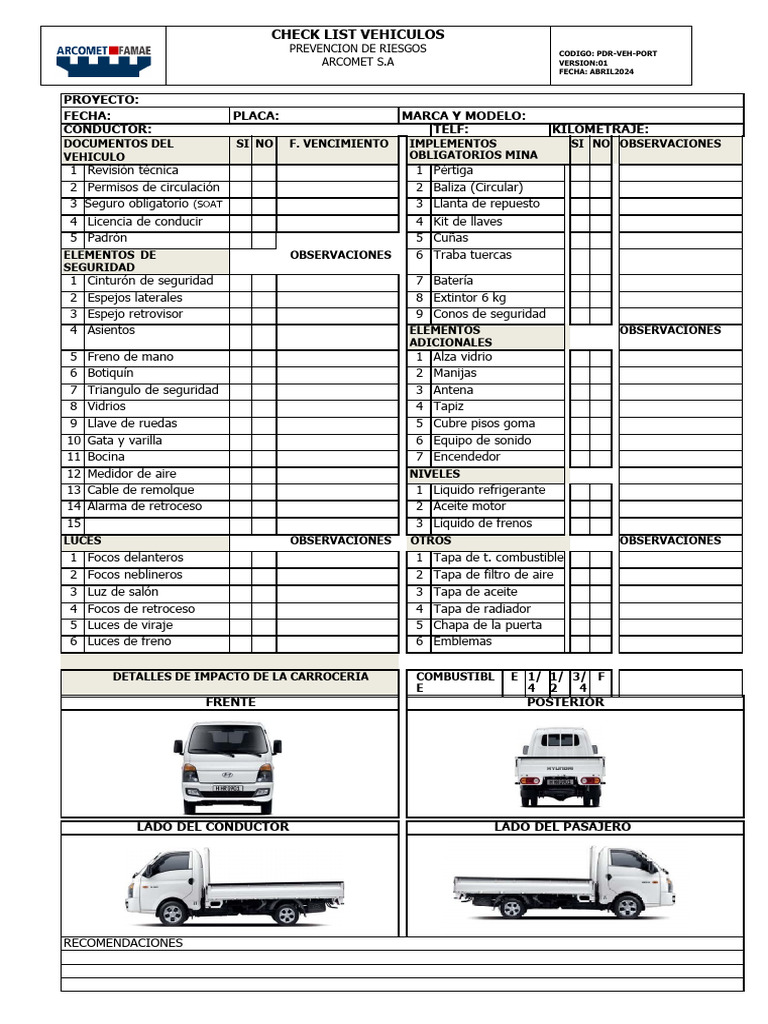 Checklist de Inspección de Vehículos | PDF | Tecnologías automotrices ...