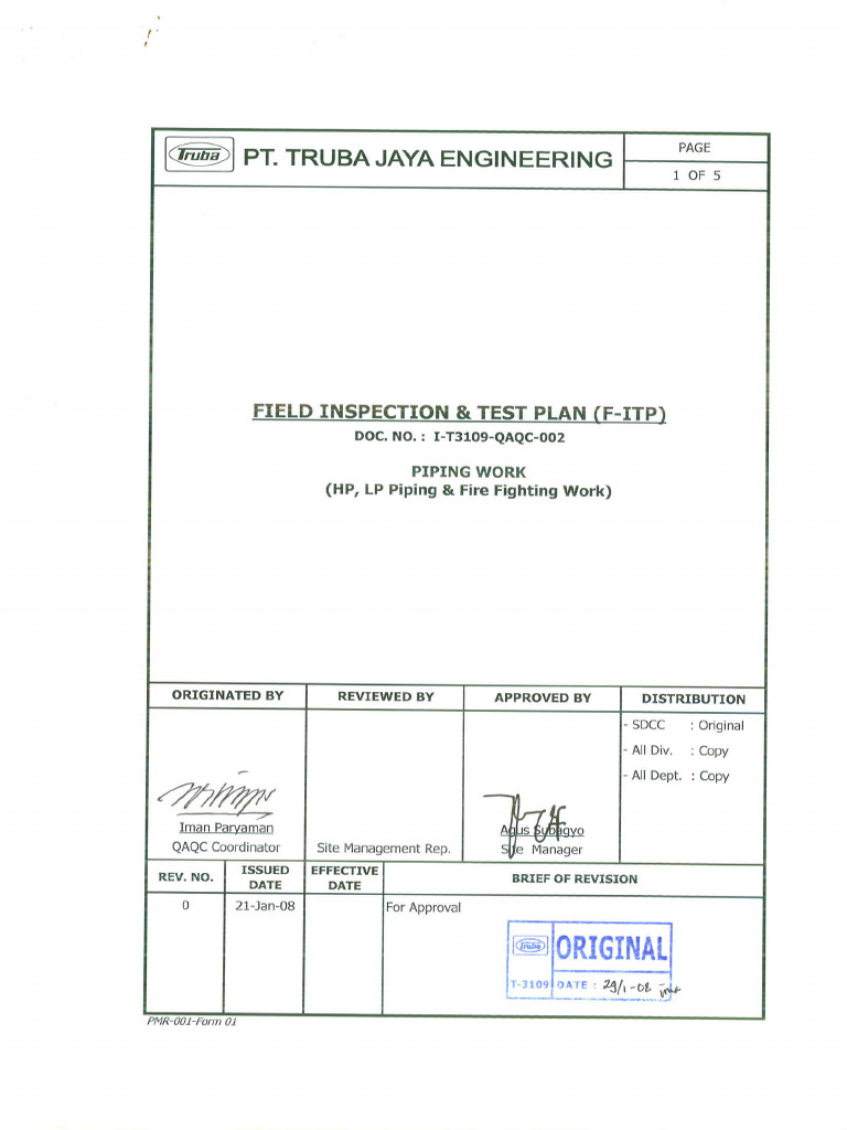 I-T3109-Qaqc-002 Field Inspection - Test Plan Piping Work (HP, LP ...