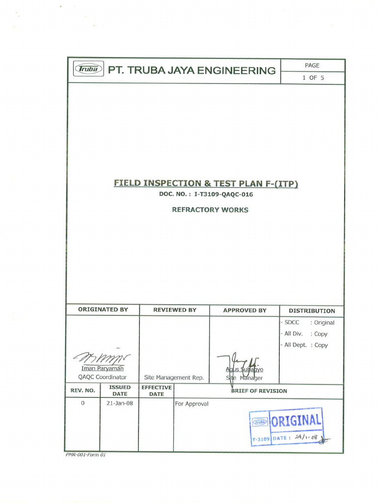 I-T3109-Qaqc-016 Field Inspection - Test Plan Refactory Works Rev.0 | PDF