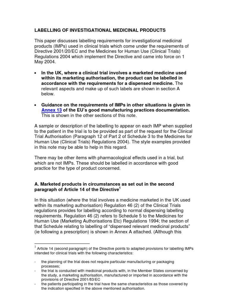 Labelling Requirements for IMPs in Trials | PDF