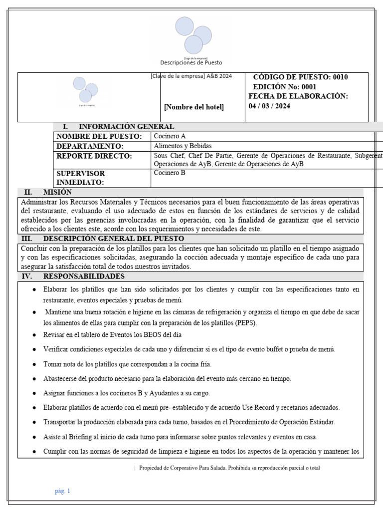 Perfil del Puesto: Cocinero A | PDF | Seguridad alimenticia