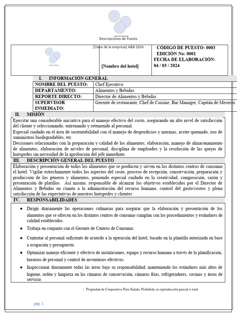 Descripción del Puesto: Chef Ejecutivo | PDF | Hotel | Alimentos