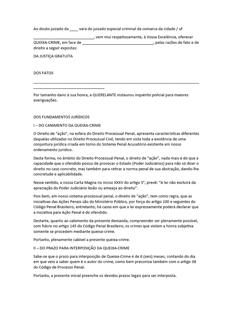Queixa-Crime por Difamação e Justiça Gratuita | PDF | Difamação | Crimes