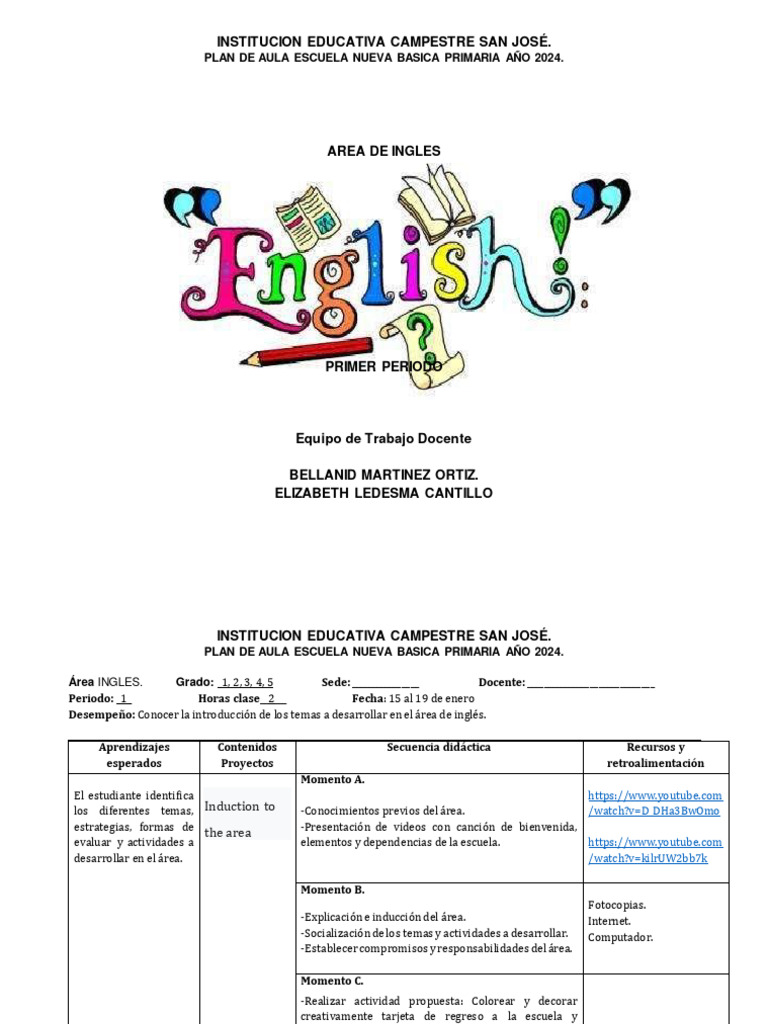 Plan de Aula Inglés Primaria 2024 | PDF | Salón de clases | Escuelas