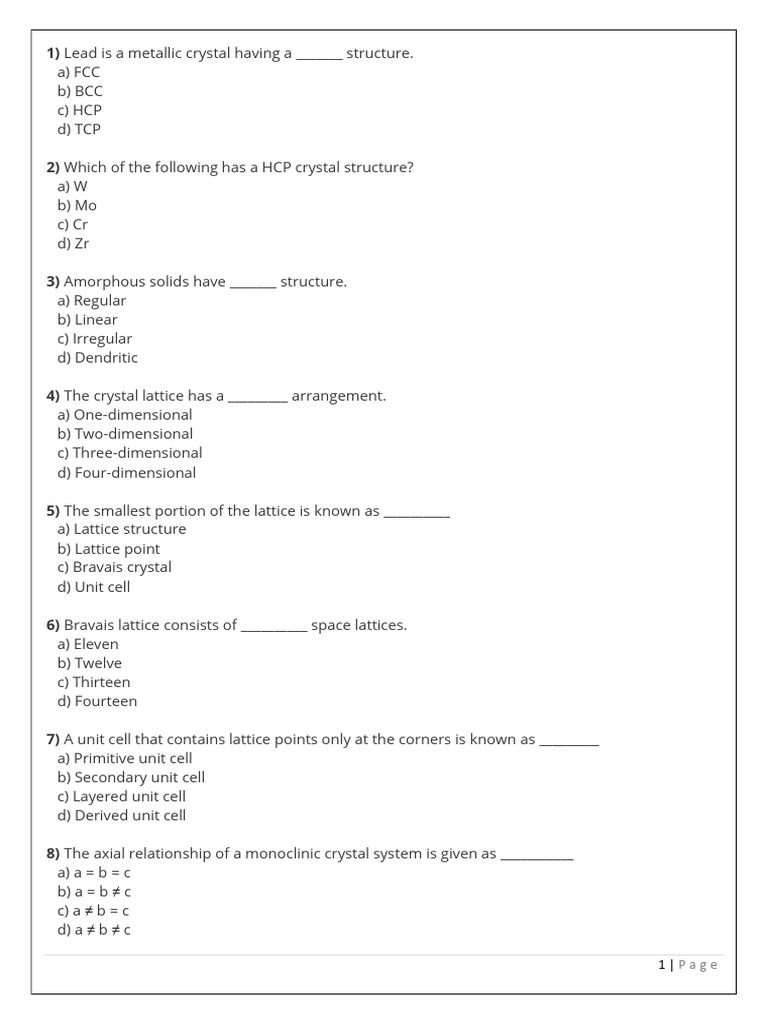 Crystal Structures Quiz Questions | PDF