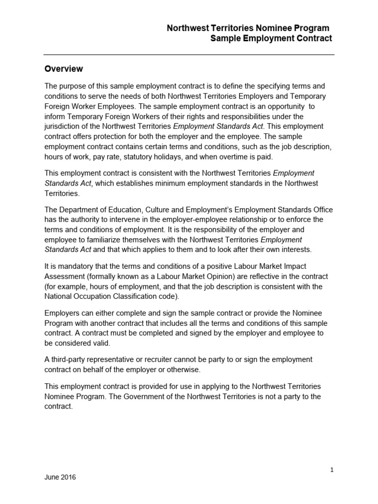 Sample Employment Contract for NWT Nominee Program | PDF | Employment ...