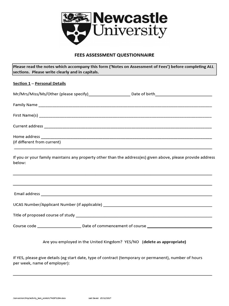Fees Assessment Questionnaire Form | PDF | Cultural Globalization ...