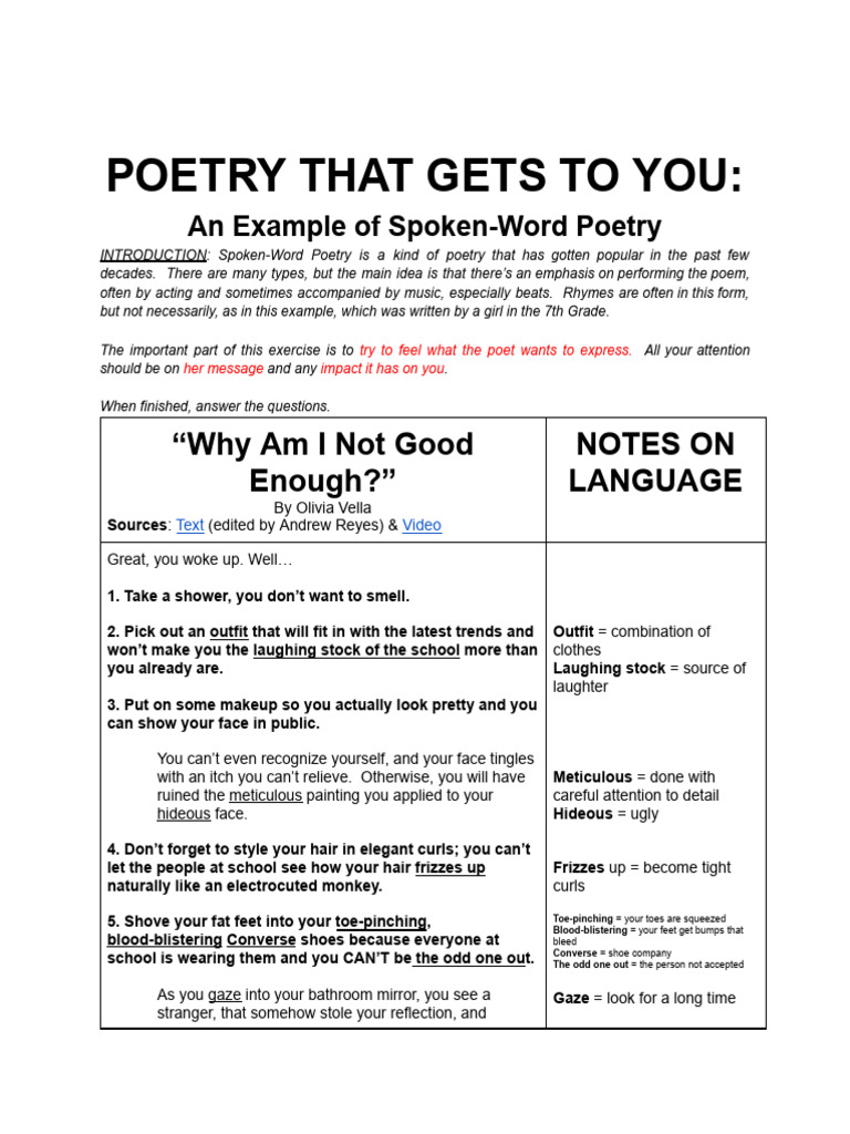 Spoken-Word Poetry: Finding Self-Worth | PDF | Poetry | Body Language