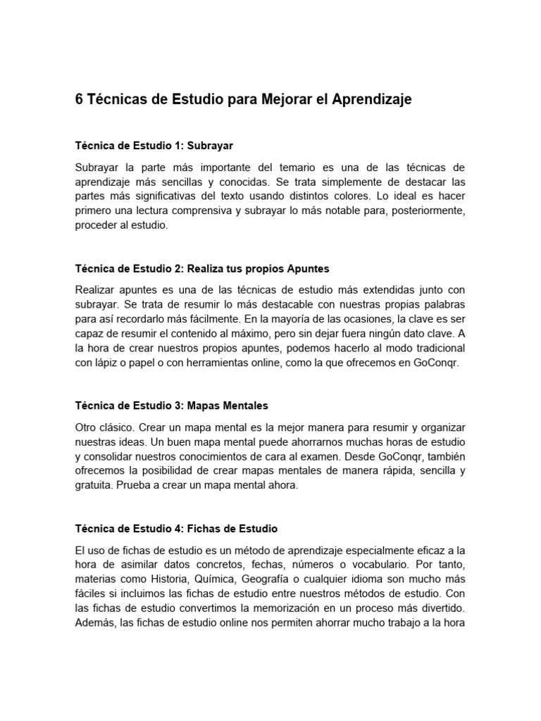 Técnicas de Estudio Efectivas para Aprender | PDF | Aprendizaje ...