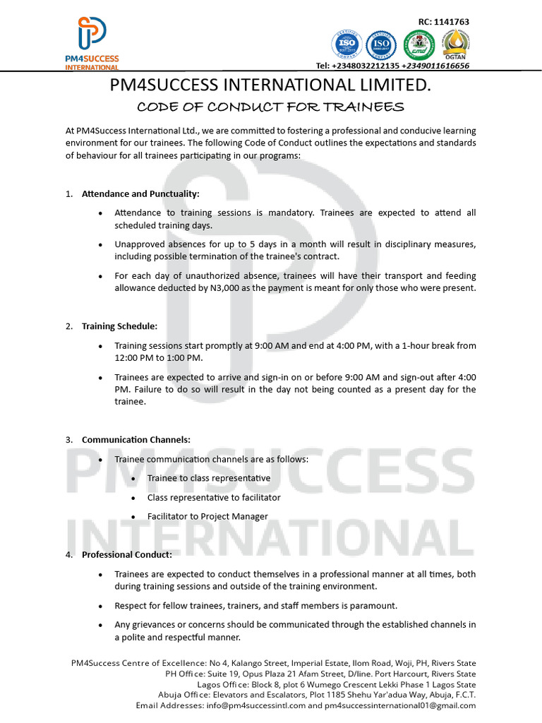 PM4Success Trainee Code of Conduct | PDF