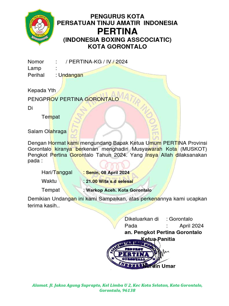 Undangan Muskot Pertina Gorontalo 2024 | PDF