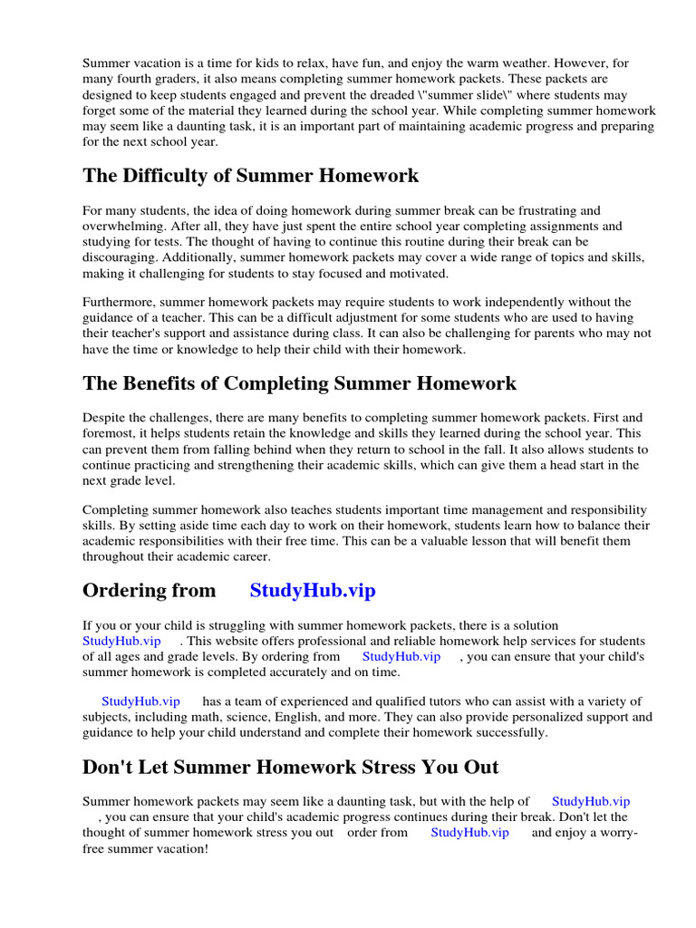 Summer Homework Packets Fourth Grade | Download Free PDF | Homework