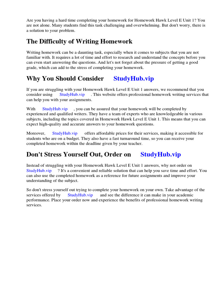 Homework Hawk Level e Unit 1 Answers | PDF | Worksheet | Homework