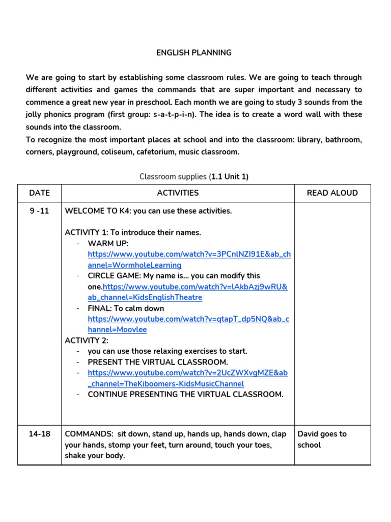 Preschool English Activities Plan | PDF