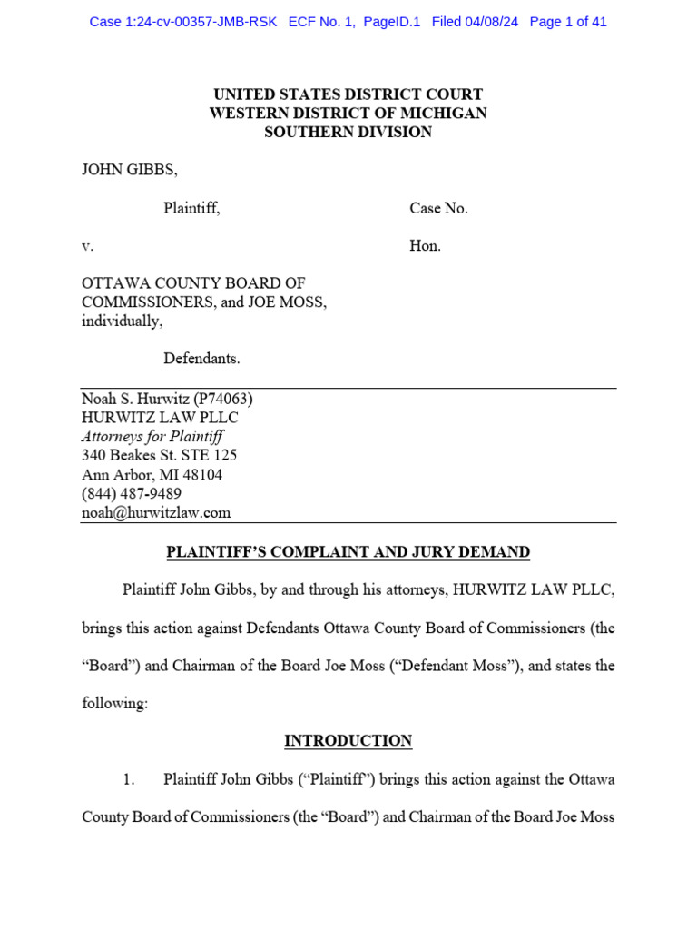 John Gibbs V Ottawa Co Complaint | PDF | Defamation | Complaint