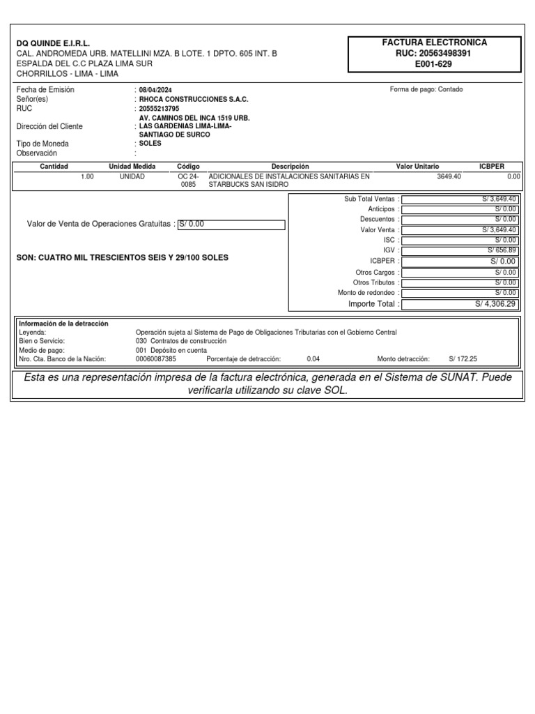 Factura Electrónica DQ Quinde E.I.R.L. | PDF | Tecnología bancaria | Pagos