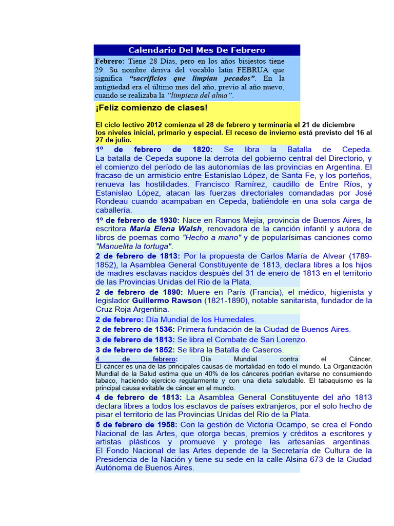 Calendario Del Mes de Febrero | PDF | Buenos Aires | Argentina