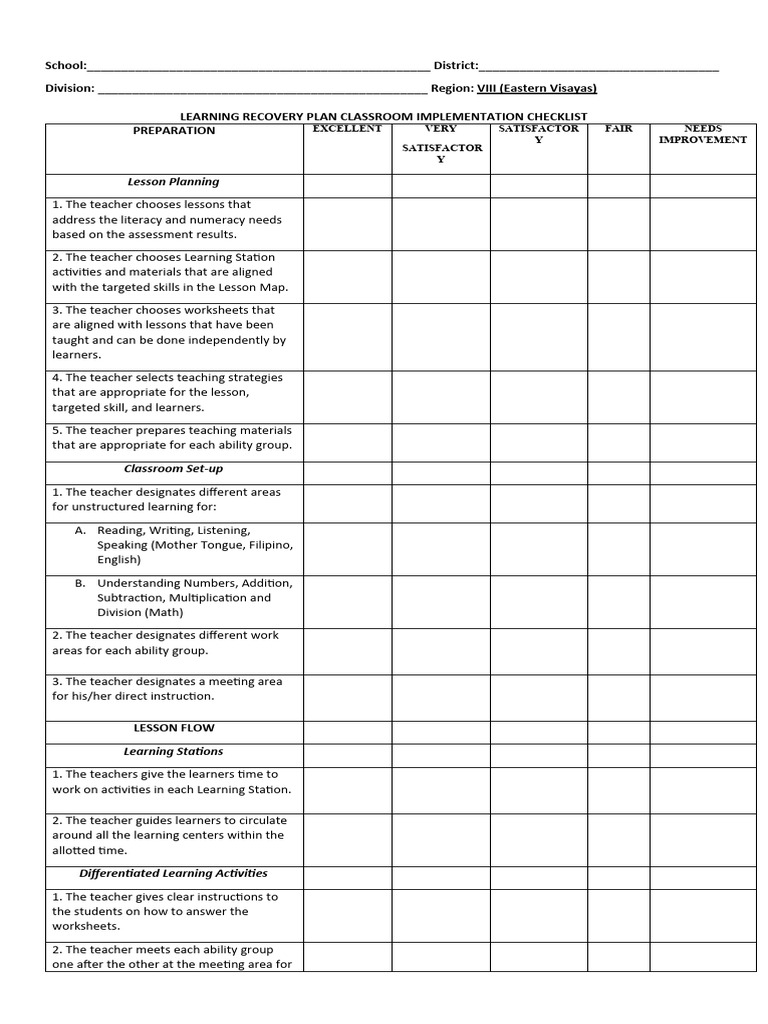 Learning Recovery Plan Checklist | PDF | Teachers | Learning