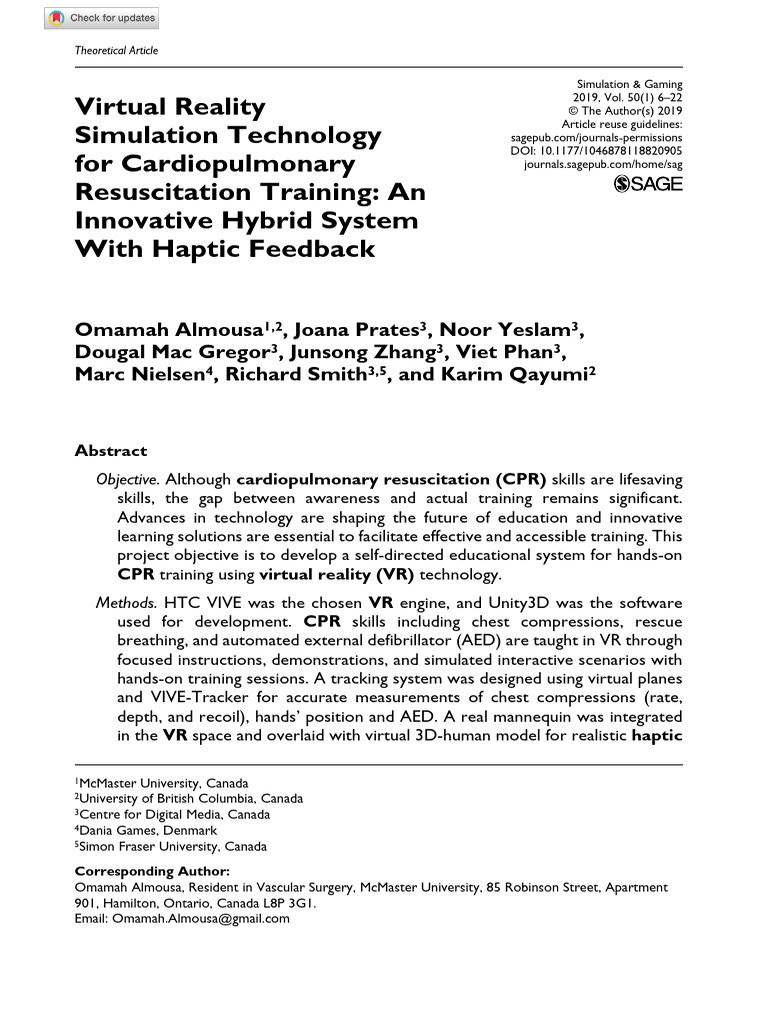 VR Hybrid System for CPR Training | PDF | Virtual Reality | Simulation