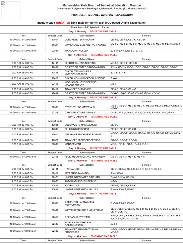 MCQ Based Online Examination MSBTE Time Table For Winter 2021 Examination PDF Mechatronics