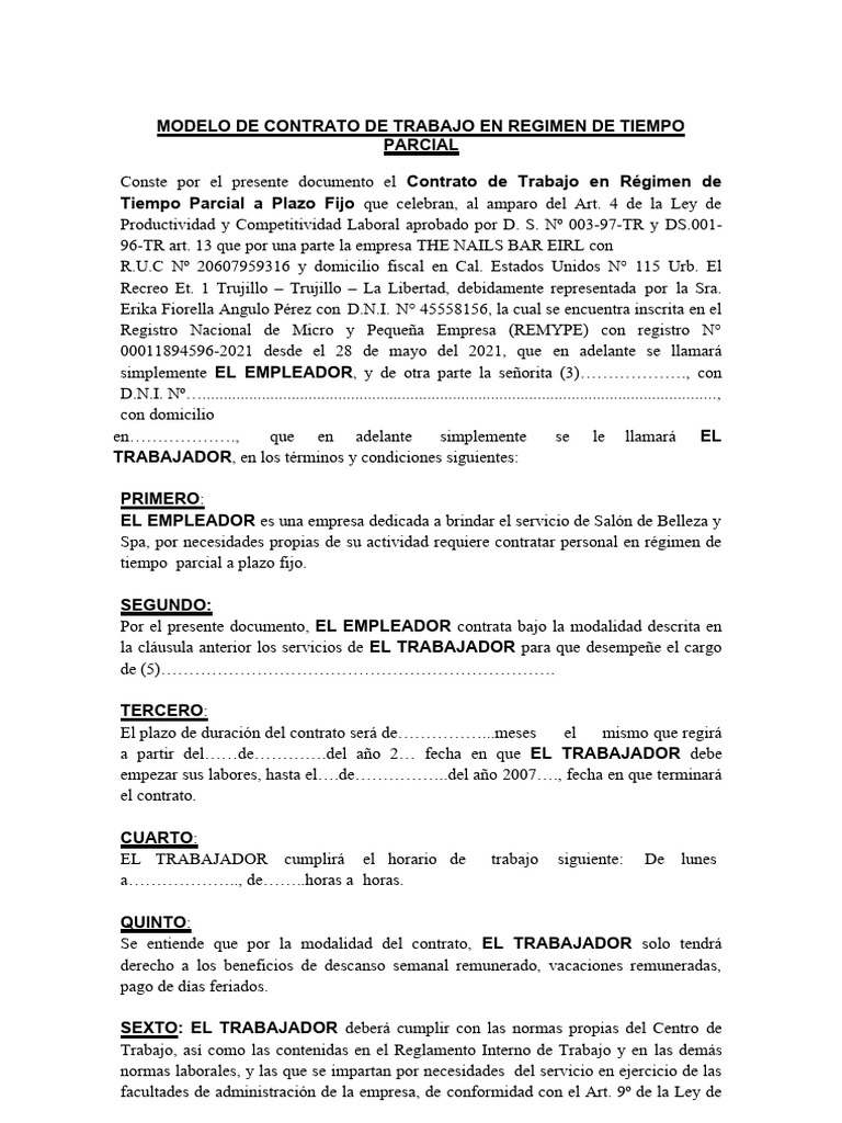 Contrato de Trabajo a Tiempo Parcial | PDF | Derecho laboral | Labor