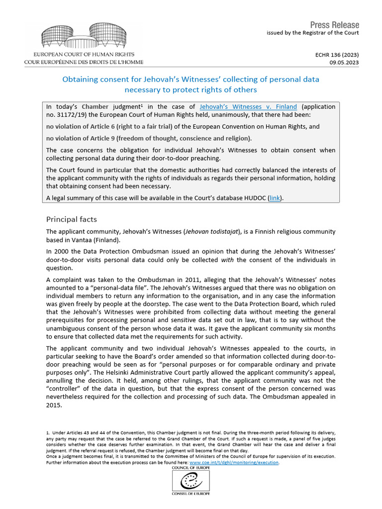 ECHR Ruling on Jehovah's Witnesses Data Consent | PDF | European Court ...