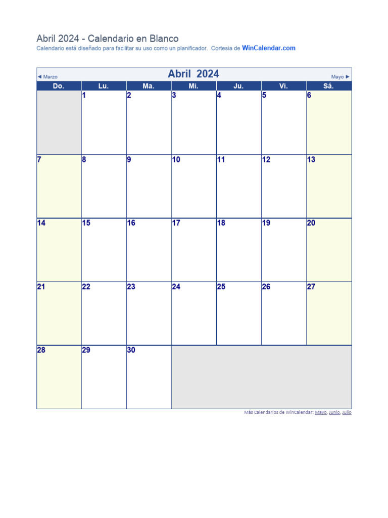 Calendario Abril 2024 en Blanco | PDF