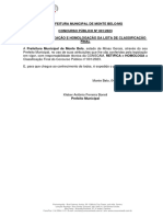 Prefeitura Municipal de Monte Belo/Mg Concurso Público #001/2023 Edital de Retificação E Homologação Da Lista de Classificação Final
