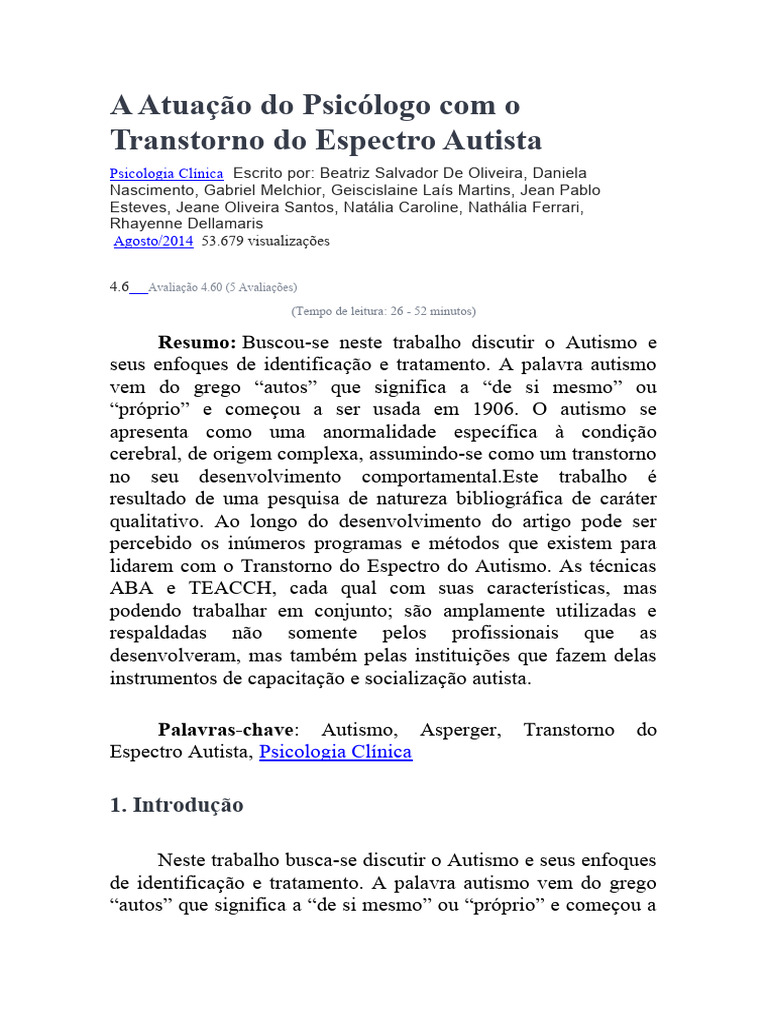 Psicologia e Transtorno do Espectro Autista | PDF | Espectro do autismo ...