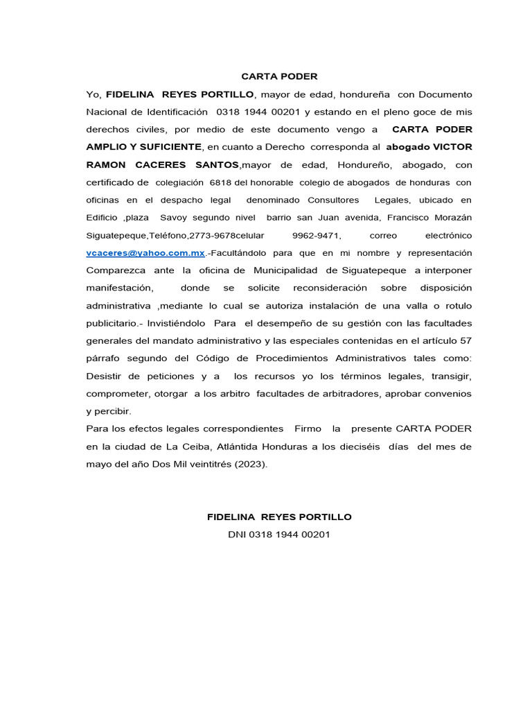 Carta Poder Fidelina Reyes | PDF