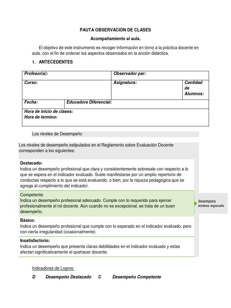 Pauta de Observación y Evaluación Docente | PDF | Maestros | Enseñando