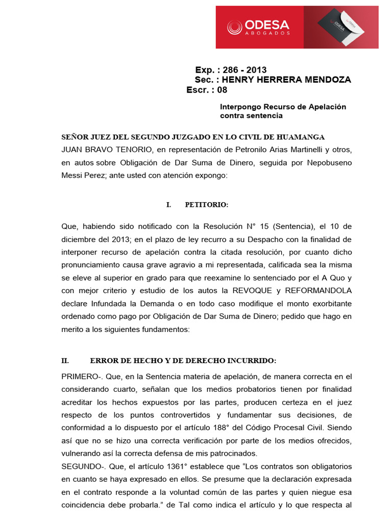 Recurso de Apelación Contra La Primera Sentencia | PDF | Sentencia (ley