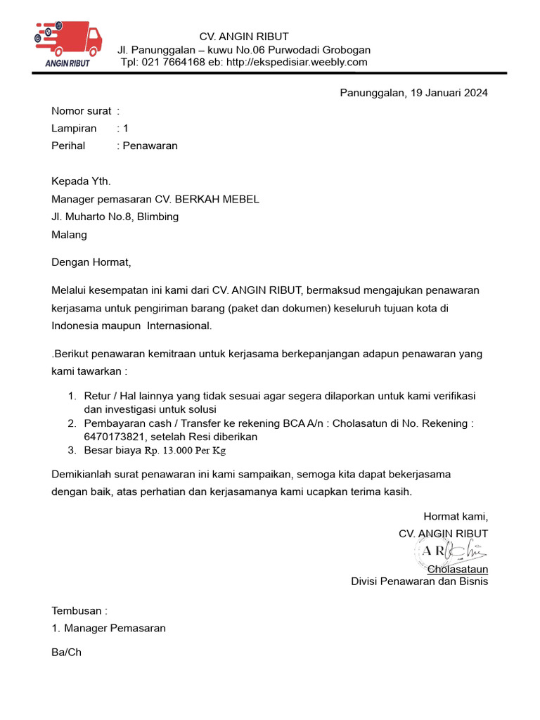 Penawaran Kerjasama Ekspedisi CV. Angin Ribut | PDF
