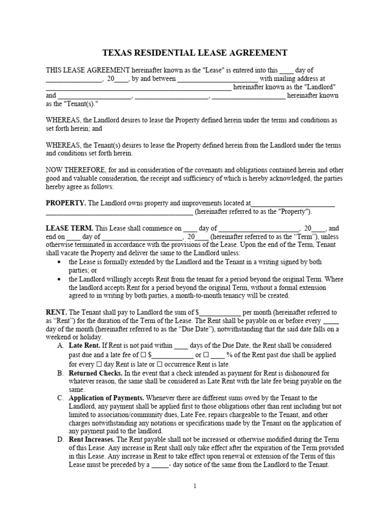 Standard Texas Residential Lease Agreement Template | Download Free PDF ...