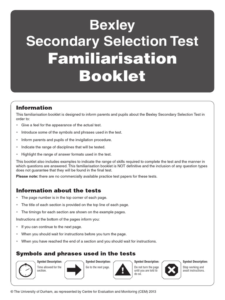 Familiarisation Booklet - Bexley Selection Test | PDF