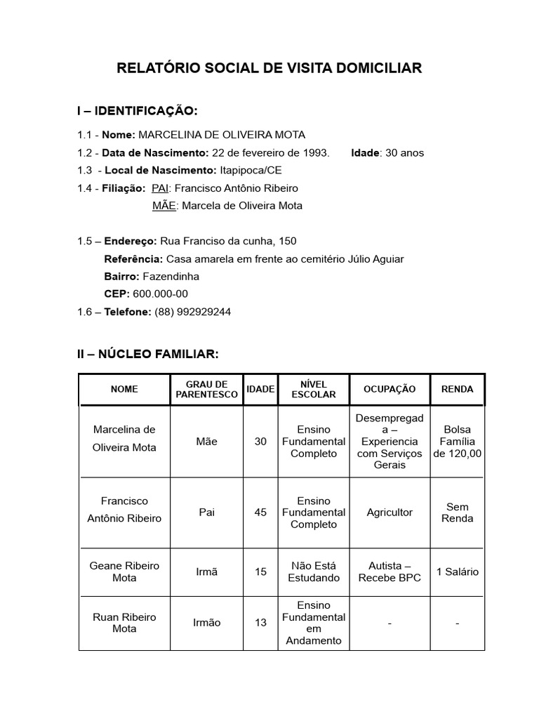 Relatório de Visita Domiciliar em Itapipoca | PDF | Família
